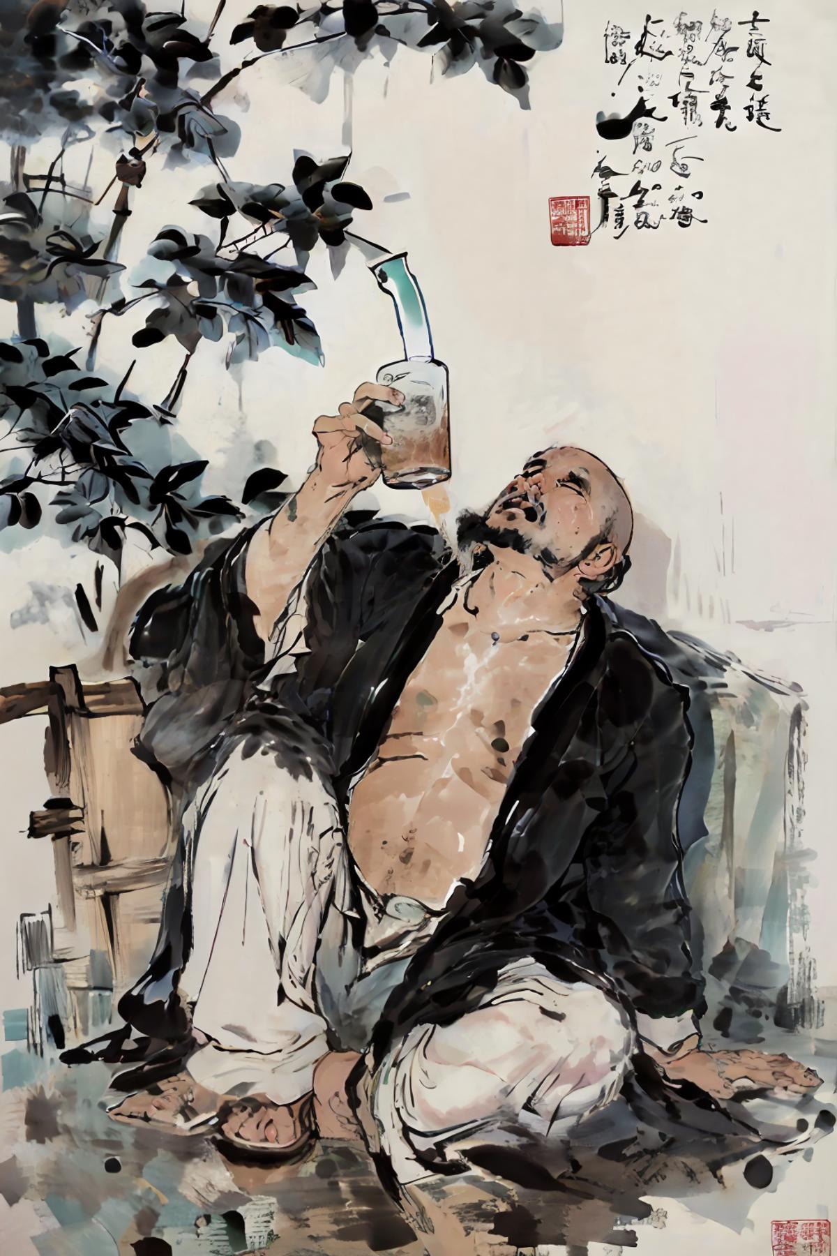 A man in a robe drinking from a glass in front of a tree.