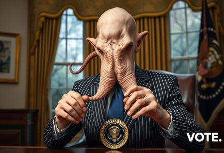 president cthulu in a sharp pin striped suit posing for presidential portrait in the oval office, real photograph, signing bill, empty eyes, lovecraftian, vote for cthulu photorealistic, correct hands, correct fingers, seal of the president of the united states, ad to vote, republican, election year