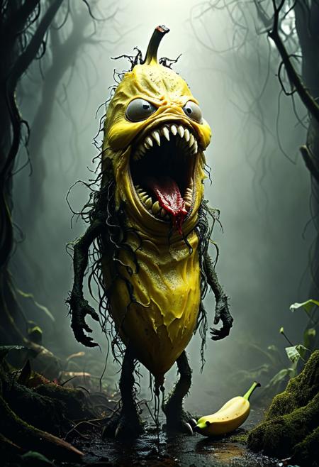 Create a magical scene featuring an enchanting, Let's create a scary horror banana monster for you:
- **Appearance**:
  - The scary horror banana monster has dark, rotting yellow skin with oozing black slime dripping from its peeling.
  - Its eyes are glowing red orbs that pierce through the darkness, instilling fear in those who dare to look at it.
  - Sharp, jagged teeth line its gaping mouth, ready to devour anything in its path.
  - Long, twisted vines extend from its back, with thorns that can entangle and trap its victims.
- **Personality**:
  - This banana monster is malevolent and cunning, lurking in the shadows to strike fear into the hearts of unsuspecting prey.
  - It thrives on chaos and feeds off the terror of its victims, relishing in their screams.
  - The monster is relentless in its pursuit, never showing mercy to those who cross its path.
  - Its presence is accompanied by a foul stench that permeates the air, signaling its sinister intentions.
This terrifying banana monster embodies the darker side of imagination, striking fear into all who encounter it with its ghastly appearance and malevolent nature., casting ethereal beams of light that illuminate the misty air and create a mystical atmosphere.