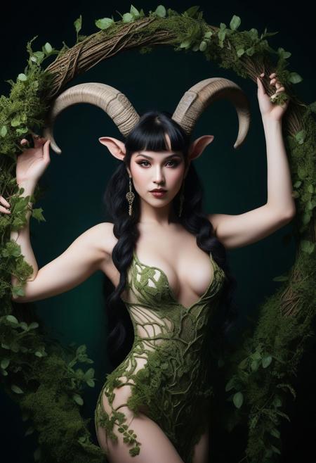 close up, beautiful fantasy female satyr, (chubby:1.3), with ram's horns, large breasts, fat breasts, human ears, she has black hair, she has vines and flowers that coil around her arms, she is playful and mischievous, high contrast, isolated on black, and green foliage, dramatic light, dark and mysterious atmosphere, highly detailed, realistic proportions, shot with Nikon AF-S CX NIKKOR, 35mm f/1.8G Lens, in the style of Bella Kotak