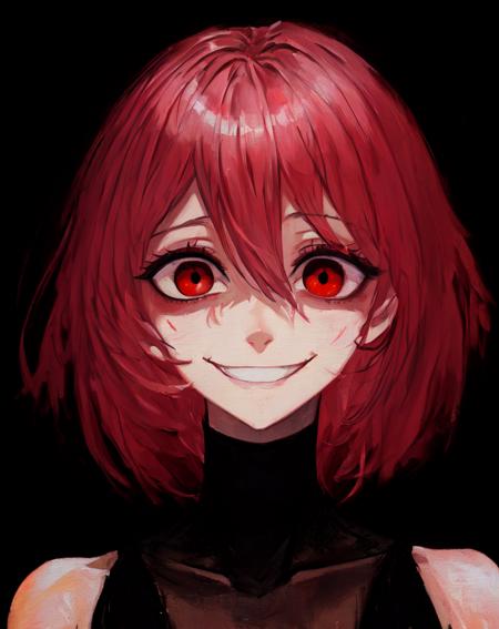 masterpiece, best quality, <lora:yameroyandere-v2:0.75>, (crazy eyes:1.3), (crazy smile:1.4), (shaded face:1.1), mature female, dark, dark background, <lora:add_detail:0.8>, yandere, yandere trance, empty eyes, red eyes, half-closed eyes, wide-eyed, oil painting \(medium\), (watercolor \(medium\):0.8), film grain, pink hair, short hair,