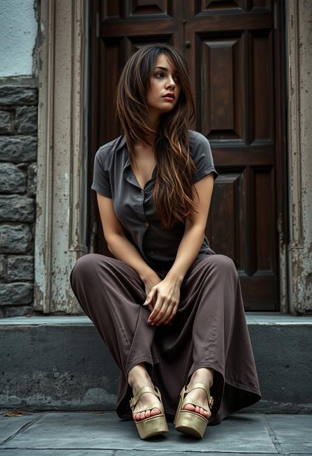 photograph of a woman, long messy brunette hair, looking away from the viewer, sitting on a step in front of a worn old door, wearing a revealing button down t-shirt, long skirt, platform shoes, light makeup, dismal day, cloudy, high dynamic range, vivid, rich details, clear shadows and highlights, realistic, intense, enhanced contrast, highly detailed