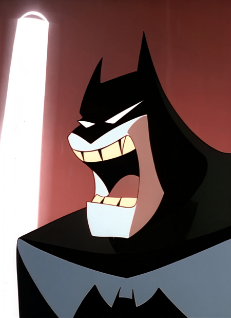 batman adventures, batman, solo, 1boy, male focus, red background, open mouth, mask, parody, teeth, upper body, ((masterpiece)) <lora:batman_adventures_offset:1>