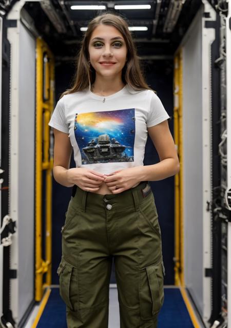raw photo, masterpiece, intricate, perfect anatomy, highres, 8k uhd, Cinematic, sexual, skin texture, 1girl,  <lora:raebhau:0.6>, young, (big eyes), large breasts, in space ship, ((military)), mechanical, (combat clothes), ((colorful)),  looking at viewer, teenager, shirt, pants