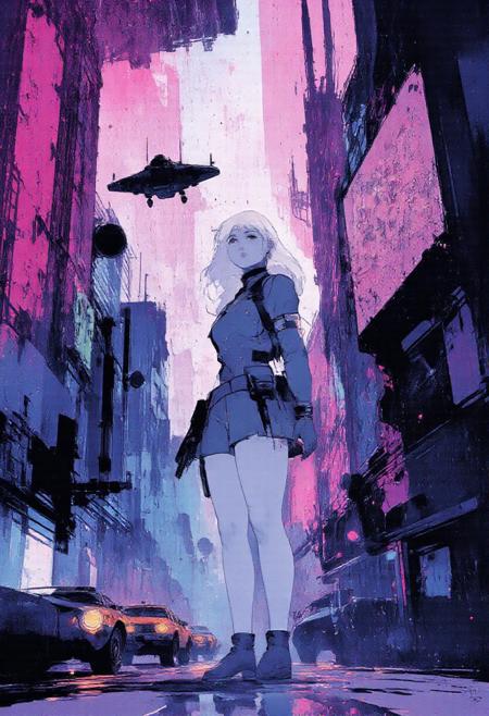 Masterpiece, best quality, good quality, beautiful image, beautiful fluorescent colors. A girl seen from the ground, standing further away and looking up. She is viewed in a three-quarter angle with a nice pose. Long white-haired girl, solo, skirt, thigh strap with a revolver. It is nighttime, in a futuristic city with flying taxis and heavy air traffic. The city is very tall, with many pink and blurry neon lights. On a large billboard, "Need BUZZ" is clearly readable!