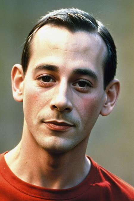 PeeWeeHerman, 1man, portrait, (masterpiece, best quality, extremely detailed, photorealistic), narrow body, skinny, wild colors, (closeup on face:1.3)
