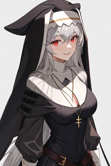 best quality, masterpiece, highres, solo, {specter_arknights:1.15}, long_hair, bangs, red_eyes, hair_between_eyes, smile, black_headwear, grey_hair, white_hair, very_long_hair, upper_body, hat, breasts, 1girl, black_dress, habit, looking_at_viewer, nun, dress, simple_background, white_background, necklace, jewelry, long_sleeves, parted_lips, capelet