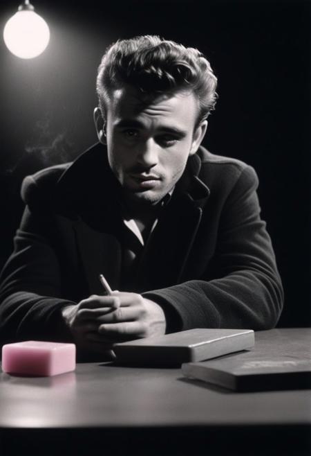 highly detailed and hyper realistic b&w photo of
( James Dean )  (eyes Catch-lights), ,(  black background,) (smoking cigarette) ,,pink soap one table,  shadow falling on eyes, , b&w ,   (lighting: dramatic) , (lighting: high key) shot on Polaroid film, cinematic still frame, film grain, shallow depth of field, textured table, clean table, , crouched, faded colors, vintage, motion blur, , deep shadows, highly detailed and hyper realistic