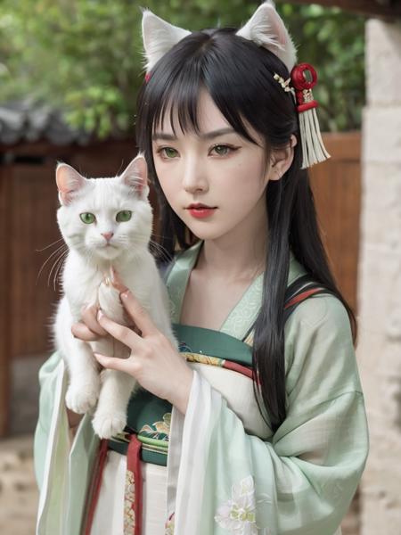 holding animal, cat, 1girl, holding, holding white cat, black hair, animal ears, animal, looking at viewer, cat ears, solo, bangs, green eyes, realistic, long sleeves, whiskers, multicolored clothes, lips,hanfu <lora:tangStyle_sdxl_autodl_v11:0.5>