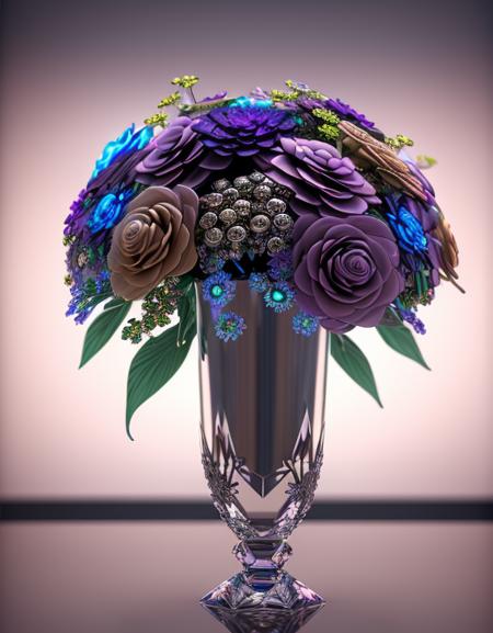 bouquet of fantastic flowers in a crystal vase Cyberpunk the (background Cyberpunk), (intricate details:1.3), (masterpiece), best quality, ultra-detailed, (photorealistic:1.3), cinematic, unreal engine 5 rendered, a 3d render lighting, dynamic lighting, glow with reflections and refractions lighting, (diamond effect)