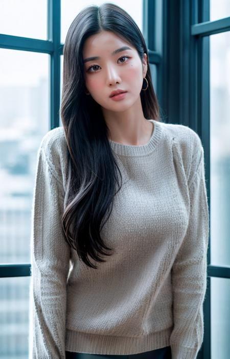 eunbi,Nikon RAW photo,8 k,Fujifilm XT3,masterpiece, best quality, realistic, photorealistic,ultra detailed,1girl,solo, close up portrait, standing by the window in a soft gray cashmere sweater and leggings<lora:eunbi-byhighwizard Sver:1>