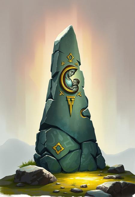 A Menhir, an Erect stone of ancient, roughly cut, magical, with magic glyph in the shape of a stylized mother holding an infant, glowing strongly of a white light, environment concept art style, hand painted.