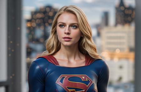 supergirl, hair blonde, cape red, realistic, (masterpiece:1.2) (photorealistic:1.2) (bokeh) (best quality) (intricate details) (8k) (HDR) (analog film) (canon d5) (cinematic lighting) (sharp focus),