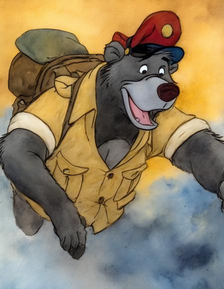 BAStyle, <lora:TaleSpin_-_Baloo_2:0.8> 1boy, bear baloo, cartoon, face, furry, hat, male focus, peaked cap, red headwear, solo, yellow shirt, full body, running away from santa claus,  highest quality, a painting , magic, [sci-fi artwork], bold colors, by Dave Dorman, From Above, Fujifilm, RAW