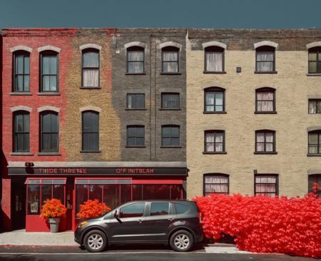 there is a red tree that is on the side of a building, a digital rendering by Leandro Erlich, behance contest winner, interactive art, highly detailed surreal vfx, colorful otherworldly trees, hyperrealistic flickr:5,  <lora:Redia_yiu_v10:0.6>