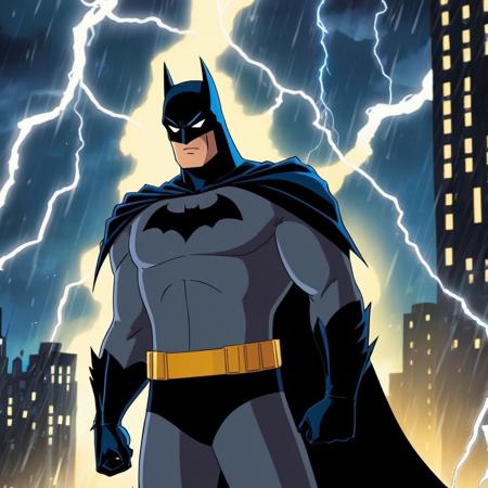 anime artwork of  <lora:Batman:1>
a closeup on batman silhouetted standing in front of a lightning bolt in stormy rainy weather In Gotham City Universe, anime style, key visual, vibrant, studio anime,  highly detailed