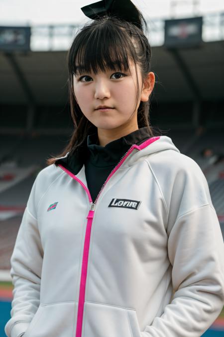 RAW photo of sumetal, Zip-Up Sweatshirt at Stadium Sports Event, (high detailed skin:1.2), 8k uhd, dslr, soft lighting, high quality, film grain, Fujifilm XT3, <lora:sumetal:1>