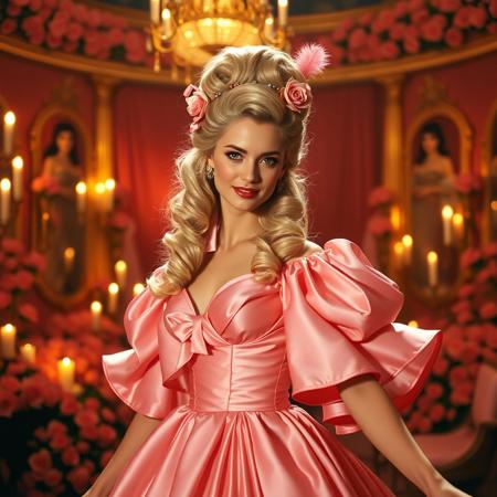 1980s VHS still frame of a faerie tale theater scene, beautiful radiant model, princess, in a candlelit ballroom filled with roses and mirrors. She wears a rose-pink silk satin gown with triple-flounced pagoda sleeves, matching stomacher and petticoat. Her long blonde hair styled in elaborate Rococo coiffure with ringlets, satin ribbons, rosebuds, and a small pink plume; one spiral curl falls beside her cheek. Soft but fierce expression, she twirls and winks at us with a soft smile. Retro VHS fantasy lighting, romantic and glowing, soft grain, 1970s fairytale photography, ABC anthology aesthetic, maximalist enchanted royal heroine
