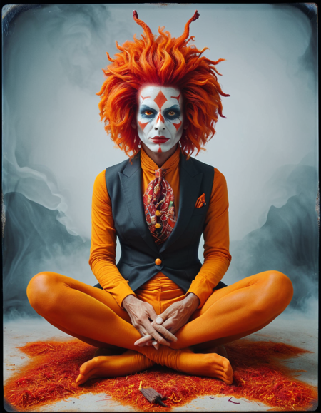 surrealism art stylized by Joram Roukes, figurativism art, ral-spicesafran of Wealth, Ugly, Theologian, Sitting with crossed legs, Vibrant hair, Foggy, Thriftcore, flat lighting, 35mm, Ambrotype, 64K, gritty, vivid, <lora:ral-spicesafran:0.85>, dynamic cinematic color, complimentary colors, theatrical, delicate, glossy, ambient illumination, quality