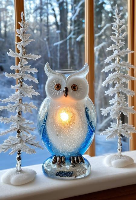 A wise, adorable owl sculpted from delicate fused glass, perched on a sparkling glass branch in the middle of a winter wonderland. Its feathers are a soft gradient of frosty whites, soft blues, and sparkling silver, with tiny glittering accents that catch the light. The owl’s eyes glow with warmth, like tiny glass moons, reflecting the snowy landscape around it.
The winter forest is peaceful and magical, with soft snowflakes of translucent glass gently falling through the air, each one catching the light in a cascade of sparkling reflections. The trees are made of icy glass, their branches covered in shimmering frost. In the background, a warm, glowing glass lantern softly illuminates the scene, casting a cozy glow over the owl and the snowy landscape.
Fused Glass style, ultra-detailed, wintry magic, glowing transparency, soft silver hues, intricate feather design, glowing reflections, serene atmosphere. novuschroma54 style,