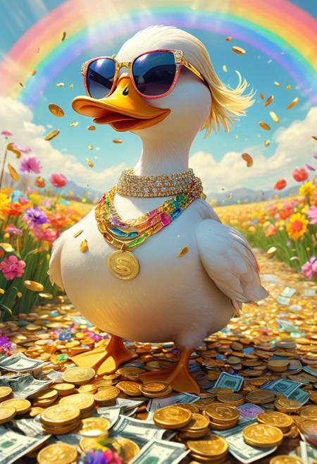 cartoon-style scene of a fabulously wealthy duck, vibrant field filled with fluttering dollar bills, wearing a lavish bling-bling gold chain, sunglasses, looking relaxed. Oversized coins, colorful flowers swaying in the breeze. Bright, sunny, with a rainbow arching overhead, adding to the whimsical and extravagant atmosphere of this rich duck's dreamland, lake of golden coins, falls of gold coins instead of water,
[style of greg rutkowski,janek sedlar,jenny saville:0]  <lora:vivid_everclear:0.35>  <lora:Sinozick:0.35>  <lora:MJ52:0.35>