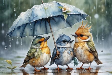 Watercolor painting,  Jean-Baptiste Monge,  cute little birds gathered in the rain under an umbrella,  splash,  close up,  cute,  filigree add flowers UHD,<lora:EMS-61413-EMS:0.800000>