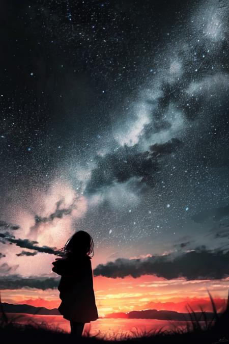 silhouette,1girl, outdoors, night, night sky, sunset<lora:JW_v2-000006:1>