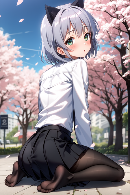  sanya, green eyes, grey hair, short hair, cat ears, cat tail collared shirt, long sleeves, grey necktie, star(simbol), strapless leotard, military uniform, black skirt, pleated skirt, black pantyhose, brown shoes