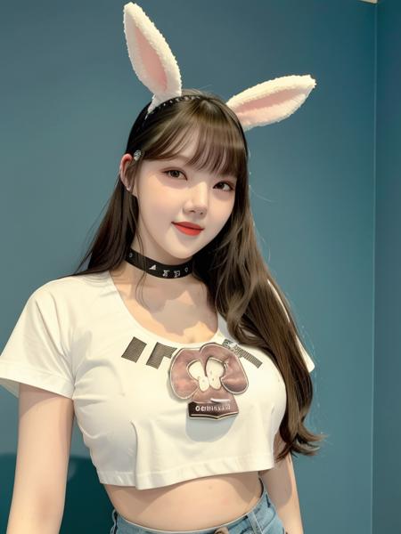 yerin in crop top t_shirt, long hair, choker, fake bunny ear, smiling

, hyper realistic lifelike texture dramatic lighting unrealengine trending on artstation,award winning photo,nikon RAW photo,8 k,Fujifilm XT3,masterpiece, best quality, realistic, photorealistic,ultra detailed,extremely detailed face,
 <lora:yerin-sd1.5-n30-e555-v1-000001:0.77> <lora:epiNoiseoffset_v2:1>