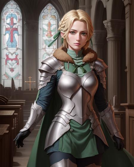 masterpiece, best quality, ingrid_timeskip, armor, fur trim, green cape, greaves, hair ribbons, green gloves, greaves, looking at viewer, whole body, inside of a church