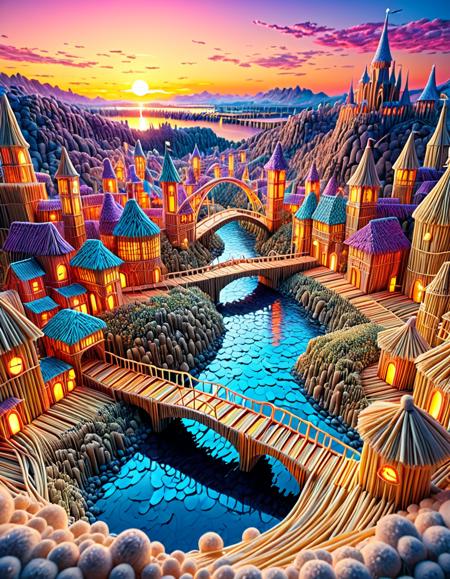 a magical city made of straws, straw buildings and bridges, glowing lights, vivid colors, (ultra detailed:1.3), (beautiful landscape:1.2), (sunset sky:1.1), (dreamlike:1.2)
<lora:SDXL\made_of_straws.safetensors:1.0>