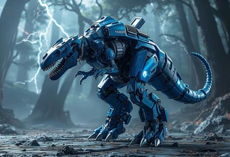 A epic detailed,full body, dynamic render of an epic cyber T-Rex robot standing out against a Labyrinth of Kline background. Featured on Amiami, this rugged ranger variant boasts a glamorous profile pose, with one side disassembled to showcase intricate inner workings. The robot's vibrant blue-indigo color palette, accented with thunder and lightning motifs, creates a captivating contrast against the matte painting backdrop. Opt for a 4K, high-resolution, exceptionally detailed image with vivid emotions, sharp lines, and harmonious colors. Utilize advanced rendering techniques like Octane, Unreal Engine 5, and Houdini to emphasize the robot's lifelike features and textures. Ideal for CGSociety, ArtStation trending, or a stunning avatar image.