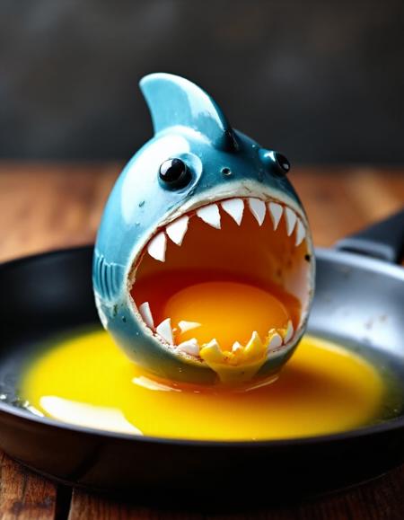 ,In a culinary twist,a fragile eggshell is transformed into a menacing shark,complete with a dorsal fin and rows of sharp teeth,as its yolk spills dramatically into a waiting frying pan. 