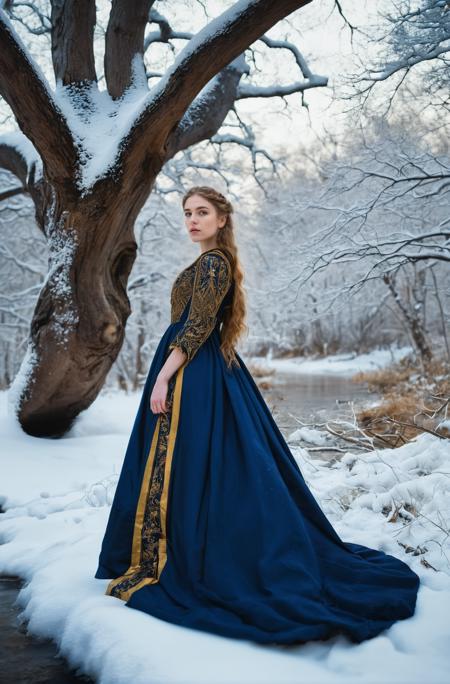 18 yo english girl,Focusing,breathtaking,nature,dgtlv2,8k,(wintertime:1.2),(snow:1.2),Huge trunk(A forest of tall oak trees covered with snow:1.2),streams,(Frozen stream:1.2),fashion editorial,full body,looking at viewer,depth of field,(deep blue gold Viking dress:1.2),(Victorian age),<lora:add-detail-xl:0.7>,