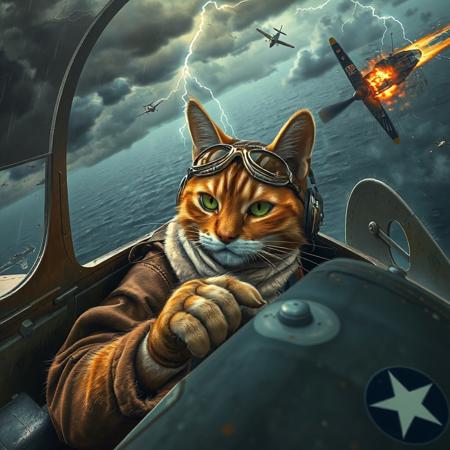 A hyper-detailed cockpit view of an anthropomorphic tabby cat piloting a P-51 Mustang in a fierce WWII aerial battle above a stormy ocean. The cat focuses intensely, gripping the controls, as enemy planes trail smoke and tracers streak past. Lightning flashes illuminate the chaotic sky, casting dramatic shadows across the cockpit.
Cat Pilot: The orange tabby wears a brown leather flight jacket with a shearling collar, white silk scarf knotted at the neck, and a snug leather cap with ear holes, adorned with a faded squadron patch—a claw clutching a lightning bolt. Aviator goggles reflect the glowing dials, their lenses scratched from prior missions. A small oxygen mask fits its muzzle, and a headset with a tiny microphone rests over its ears. Its gloved paws—one on the throttle, one on the stick—show dexterity, with claws slightly extended in tension. Whiskers twitch, and its green eyes narrow with determination.
Cockpit and Plane: The P-51 cockpit has worn metal, a scratched canopy with faint bullet marks, and glowing amber gauges. The stick is paw-friendly, wrapped in worn leather. Wings bear U.S. Army Air Forces insignia: a white star in a blue circle, faded from battle. Outside, smoke trails and bullet casings litter the sky, with a spiraling enemy plane engulfed in flames.
 Lightning highlights the cat’s fur texture and the gleam of its goggles. Rain streaks the canopy, and the plane shakes mid-maneuver. Colors are brown, green, silver, with fiery orange explosions.