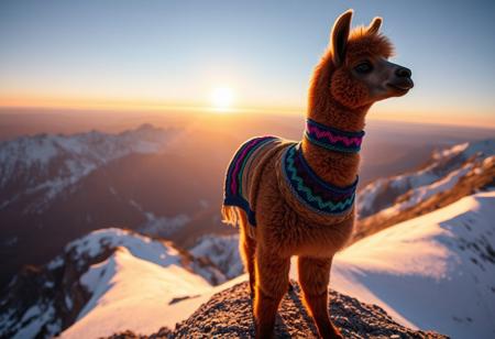 a cute brown alpaca, wearing colorful knit clothes, standing on a very tall mountain, cliff side, side profile, snowy alps, golden hour, diffused pink skyline, radiant god rays, distance shot