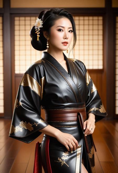 dvr-lthr, (leather:1.2), beautiful Asian woman, wearing leather intricate kimono, leather kimono, leather geisha, geisha hairstyle, geisha makeup, full length leather kimono,
Japanese house, wooden floor,
sharp focus, (glossy leather clothing, glittering leather fabric), cowboy shot,
photograph, raw photo, hd, 8k, masterpiece, best quality, 90-60-90