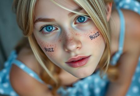 The image is a close-up, high-angle portrait of a young woman with striking blue eyes. She is looking directly up at the camera, creating a strong connection with the viewer. Her facial features are soft, and she has a natural, almost ethereal beauty with a face full of freckles that add to her youthful and fresh appearance.
There is tattos on each cheeks: "BUZZ".
Her blonde hair is styled with a side-swept fringe that partially covers her forehead, and the rest of her hair appears to be tied back or away from her face. She is wearing a light blue dress with white polka dots, which can be seen in the lower part of the image, indicating a summery, casual outfit. The focus on her eyes and face gives the image an intimate and engaging quality, with the high resolution capturing every detail of her skin and expression. The background is softly blurred, emphasizing her face as the central point of the image. The overall feel of the image is delicate, natural, and photorealistic, capturing the subject's innocence and charm.
