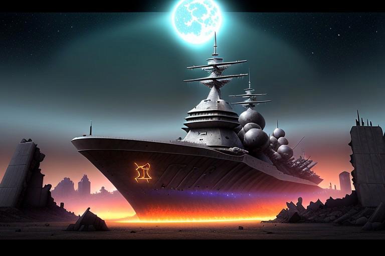 a space pirate battleship among the ruins of an advanced, futuristic city