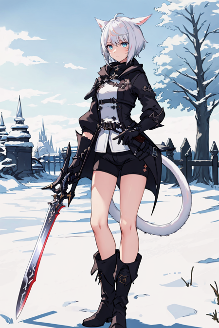 FemmeMiq, 1girl, solo, short hair, gloves, holding, animal ears, standing, tail, full body, weapon, white hair, boots, outdoors, sky, shorts, day, black gloves, cat ears, black footwear, holding weapon, tree, coat, cat tail, facial mark, holding sword, black shorts, knife, bike shorts, holding knife, dagger, miqo'te, holding dagger, <lora:FemMiqote:0.8>