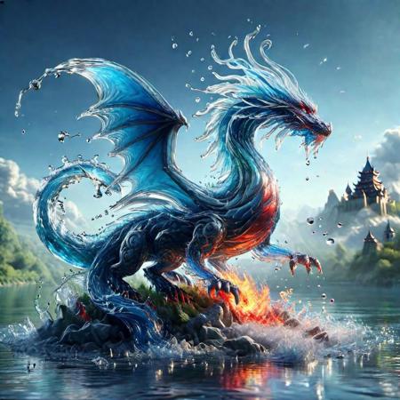 photo realistic, hyper detailed 8k A (((huge:1.6))) dragon made out of (((water, and fire:1.1))) with ((red and green scales:1.3)) with deep blue wings ((flying over a chinese castle:1.2)),   watce, bubbles, high contrast, hdr