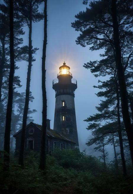 An old, 
partially broken lighthouse in a  night deep dark forest, 
its light shining through the treetops, 
fog around and a big old ship on the horizon