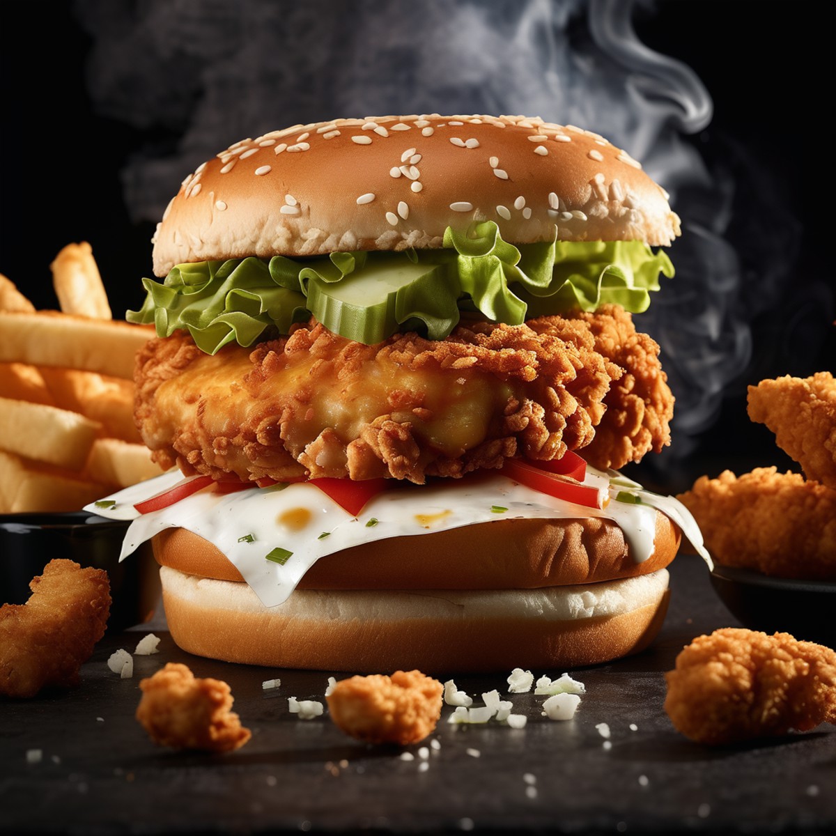 kfc chicken burger, dark background, quality photo, fried chicken, studio photo, smoke