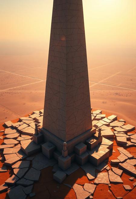(ugly:-1.3), sculptural and angular, (cartoonish:-1.1), infinite geometry in stone, intersecting planes of stone and landscape, oranges, minimal organic details, sharp angular edges, fragmented surfaces, (noisy:-1.1), (smooth surfaces:-1.4), (emphasis on complex geometric obelisk forms:1.6), (polished:-1.3), flowing yet sharp surfaces, exaggerated geometric structure, savannah, photorealism, (bad composition:-1.3), high resolution, (disjointed anatomy:-1.3), (overly ornate:-1.5), (blurry:-1.2), vibrant colors across surfaces, fractured terrain surrounding the obelisk, multichromatic oil pastel hues reflecting in harsh sunlight, rigid and brutalist structure, yellows, saturated earthy tones, deep reds,obelisk, recursive shapes along the obelisk, glowing light from the horizon, sharp geometric shadow forms, dystopian vibe, (low quality:-1.2), intricate fractal patterns, interlocking polygonal faces, unsettling