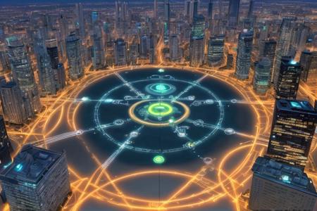 a ((city)) built on a glowing transmutation circle, best quality, <lora:TransmutationCircle:0.1>