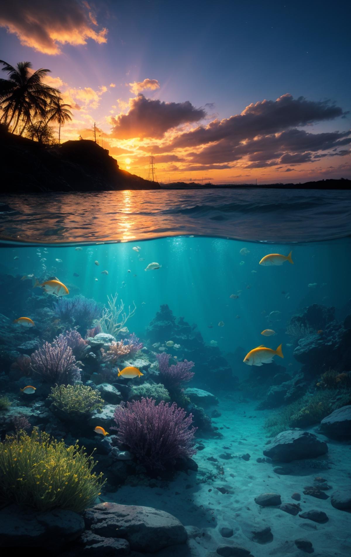 Sunset over a tropical ocean with fish and coral reef