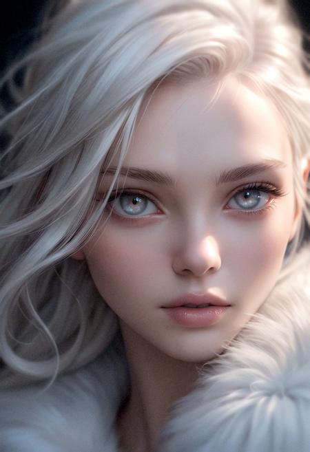 A hyper-realistic tight close-up portrait of a woman with platinum white hair, silver eyes, soft pink lips, and flawless porcelain skin. Her hair flows gently around her face, blending with a white fur collar. Intense gaze, cool-toned lighting, high detail, ethereal mood, fashion photography, shot on 85mm lens, cinematic softness
