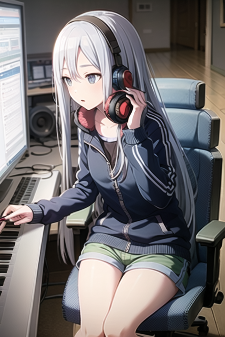 <lora:YoisakiKanade-10:0.7> ,yoka, 1girl, solo, long hair, holding, sitting, blue hair, jacket, grey hair, shorts, indoors, book, headphones, chair, instrument, desk, paper, music, guitar, pen, computer, headphones around neck, monitor, keyboard (computer), speaker, keyboard (instrument), sheet music