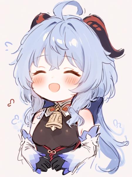 <lora:ganyu:1>,1girl, ganyu_\(genshin_impact\), solo, horns, blue_hair, closed_eyes, ahoge, smile, chibi, white_background, long_hair, open_mouth, detached_sleeves, sketch, blush, simple_background, bangs, white_sleeves, upper_body, bell, :d, black_gloves, black_bodysuit, gloves, bodysuit