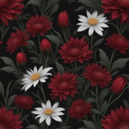 illustrate an intricate floral arrangement bursting with life against a stark black background, focus on detailed petals of deep reds, each stroke adding depth and realism to flowers, flowers should appear luminous, with dewdrops accenting their edges, giving a fresh and serene vibe, overall composition should balance vibrant life of flowers with void-like darkness, creating a striking contrast